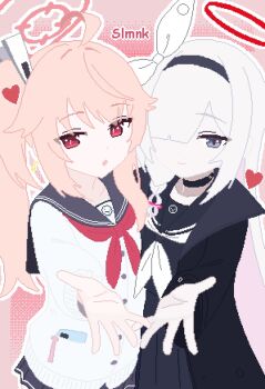 Rule 34 | 2girls, :o, ahoge, black choker, black eyes, black hairband, black sailor collar, blue archive, choker, closed mouth, colored inner hair, commentary, hair over one eye, hairband, halo, heart, highres, long hair, long sleeves, looking at viewer, multicolored hair, multiple girls, natsu (blue archive), one eye covered, open hand, open mouth, parted bangs, pink background, pink hair, pink halo, pixel art, plana (blue archive), red eyes, red halo, sailor collar, shirt, side ponytail, slmnk10124, smile, white hair, white shirt