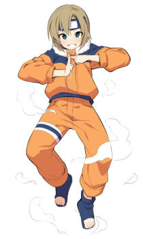 Rule 34 | 1girl, blue boots, boots, brown hair, cosplay, forehead protector, full body, grin, idolmaster, idolmaster cinderella girls, jacket, kuji-in, long sleeves, looking at viewer, naruto (classic), naruto (series), open-toe boots, orange jacket, orange pants, pants, revision, simple background, smile, smoke, solo, tada riina, uccow, uzumaki naruto, uzumaki naruto (cosplay), white background