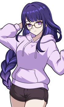 1girl absurdres alternate_costume arms_up blue_pupils blunt_bangs braid closed_mouth commentary english_commentary genshin_impact glasses gradient_hair highres hood hood_down hoodie long_hair long_sleeves mole mole_under_eye multicolored_eyes multicolored_hair prickly-chan_(ycactussprout) purple_eyes purple_hair purple_hoodie raiden_shogun raiden_shogun_(2nd_anniversary) shade short_shorts shorts simple_background single_braid solo standing streaked_hair upper_body white_background