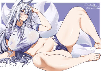 1girl absurdres alternate_costume animal_ears azur_lane bare_legs barefoot blue_eyes blush breasts cherry_blossom_print commentary cropped_shirt crossed_bangs dated denim denim_shorts feet floral_print foot_out_of_frame fox_ears fox_girl fox_tail hair_between_eyes hand_in_own_hair highleg highleg_panties highres huge_breasts kitsune knee_up large_tail long_hair looking_at_viewer lying micro_shorts midriff multiple_tails navel on_side open_fly panties print_shirt shinano_(azur_lane) shirt shorts signature skindentation solo spread_legs stomach tail thick_thighs thighs toenails toes twitter_username umyonge_(lkakeu) underwear very_long_hair white_tail