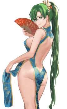 1girl ass back bare_back bare_shoulders blue_dress blush breasts butt_crack dress earrings female_focus fire_emblem fire_emblem:_the_blazing_blade folding_fan green_eyes green_hair hair_ornament hand_fan high_ponytail highres holding holding_fan j@ck jewelry large_breasts long_hair looking_at_viewer lyn_(fire_emblem) matching_hair/eyes nintendo no_bra no_panties pelvic_curtain ponytail simple_background smile solo thighs white_background