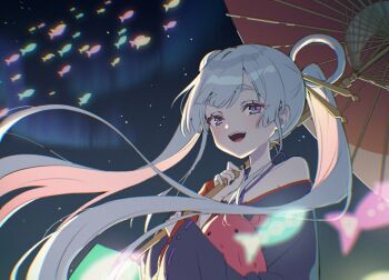 1girl :d bare_shoulders black_kimono blue_eyes cho_kaguya-hime! commentary_request floating_hair grey_hair hair_ornament hair_rings hair_stick highres holding holding_umbrella japanese_clothes kimono long_hair long_sleeves looking_at_viewer night oil-paper_umbrella open_mouth red_umbrella runami_yachiyo school_of_fish sky smile solo twintails umbrella upper_body zoirun