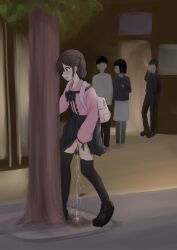Rule 34 | backpack, bag, black hair, blue eyes, blush, clothes lift, kanekan, lifted by self, open mouth, original, outdoors, peeing, peeing self, public indecency, skirt, skirt lift, standing, thighhighs