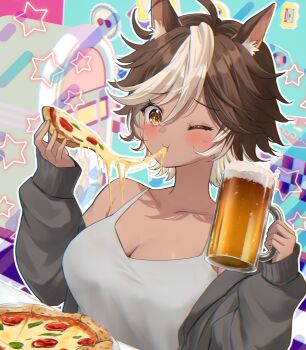 1girl absurdres ahoge alcohol alternate_costume animal_ear_fluff animal_ears beer beer_mug breasts brown_eyes brown_hair cleavage closed_mouth collarbone cup drinking_glass eating food food_in_mouth grey_jacket hair_between_eyes highres holding holding_cup holding_food holding_pizza horse_ears horse_girl indie_virtual_youtuber jacket long_sleeves mug multicolored_hair one_eye_closed open_clothes open_jacket pecco_(pecco297) pizza pizza_slice purple_hair second-party_source shirt solo tomoe_umari virtual_youtuber white_hair white_shirt