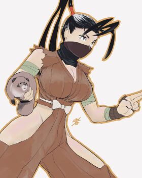 antenna_hair bandages black_hair bow breasts carrying carrying_under_arm cleavage clothing_cutout don_(street_fighter) dougi fingerless_gloves gloves high_ponytail highres hip_vent hiroshi_mono ibuki_(street_fighter) leg_cutout mask mouth_mask ninja ninja_mask ponytail source_request street_fighter tanuki torn_clothes torn_sleeves waist_bow