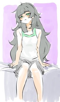 1girl :< bare_shoulders black_shorts blunt_bangs collar collarbone commentary_request green_collar green_eyes green_hair green_trim highres hiyajou_maho long_hair looking_at_viewer messy_hair narrowed_eyes sadarann science_adventure shorts sitting solo steins;gate steins;gate_0 tank_top very_long_hair