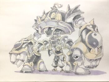 1other animal_ear_headwear animal_hat black_capelet black_shoes blonde_hair capelet closed_mouth commentary dog_hat fake_animal_ears full_body hat hat_over_eyes highres long_hair mecha mecha_focus one-eyed original pants peter_salt plume puffy_pants robot shirt shoes standing tassel traditional_media turtleneck turtleneck_capelet white_background white_pants white_shirt wide_sleeves yin_yang yin_yang_print