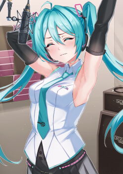 1girl ahoge aqua_hair aqua_necktie aqua_trim armpit_focus armpits arms_behind_head arms_up black_skirt black_sleeves blush breasts closed_eyes closed_mouth collared_shirt commentary_request hair_between_eyes hair_ornament hatsune_miku hatsune_miku_(vocaloid4) highres inue_ao long_hair long_sleeves medium_breasts miniskirt necktie pleated_skirt presenting_armpit shirt skirt sleeveless sleeveless_shirt smile solo sweat twintails very_long_hair vocaloid white_shirt