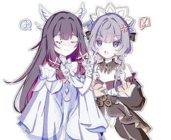 Rule 34 | !, 2girls, anger vein, bare shoulders, black collar, black hair, black sleeves, blue eyes, bow, breasts, brown hair, closed eyes, closed mouth, collar, columbina (genshin impact), commentary request, cowboy shot, detached collar, detached sleeves, dress, eye mask, gem, genshin impact, gloves, hair ornament, head wings, headdress, highres, long hair, long sleeves, lvl 31, mask, multicolored hair, multiple girls, multiple wings, musical note, open mouth, poking, purple hair, purple streaks, red gem, ribbon, sandrone (genshin impact), see-through clothes, see-through mask, short hair with long locks, simple background, smile, streaked hair, two-tone hair, very long hair, white background, white dress, white gloves, white headdress, white mask, white wings, wing hair ornament, wings, wrist bow, x-shaped eyewear