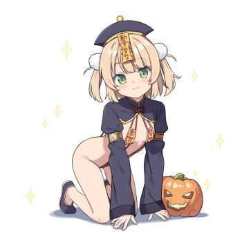 1girl all_fours black_hat black_shoes blonde_hair breasts closed_mouth commentary_request full_body green_eyes hat hatsunatsu head_tilt indie_virtual_youtuber jack-o&#039;-lantern jiangshi_costume long_sleeves looking_at_viewer ofuda qingdai_guanmao shadow shigure_ui_(vtuber) shoes shrug_(clothing) simple_background sleeves_past_wrists slingshot_swimsuit small_breasts smile solo sparkle swimsuit two_side_up virtual_youtuber white_background