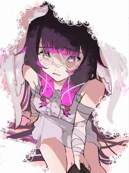 1girl absurdres bandages bare_shoulders black_hair blush closed_mouth columbina_(genshin_impact) dress from_above genshin_impact highres long_hair looking_at_viewer multicolored_hair pink_hair sa_3987 simple_background sitting sleeveless white_dress