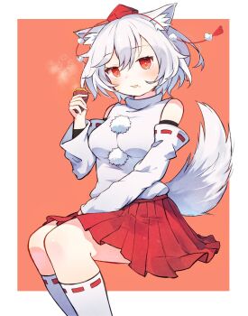 1girl animal_ear_fluff animal_ears ar_(maeus) border commentary detached_sleeves eating food hat highres holding holding_food inubashiri_momiji invisible_chair looking_at_viewer orange_background outside_border pleated_skirt pom_pom_(clothes) red_eyes red_hat red_skirt ribbon-trimmed_sleeves ribbon_trim roasted_sweet_potato shirt short_hair simple_background sitting skirt sleeveless sleeveless_shirt socks solo sweet_potato symbol-only_commentary tail tokin_hat touhou white_border white_hair white_shirt white_socks wolf_ears wolf_girl wolf_tail