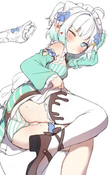 1girl aqua_dress aqua_hair ass blue_bow blue_eyes bow breasts dress gradient_hair hair_bow heart highres indie_virtual_youtuber lying maid_headdress mary_janes mint_fantome mole mole_on_ass multicolored_hair on_side one_eye_closed orobou panties pointy_ears puckered_lips shoes single_thighhigh small_breasts solo striped_clothes striped_dress striped_panties thighhighs triangular_headpiece underwear virtual_youtuber white_background white_hair white_panties white_thighhighs