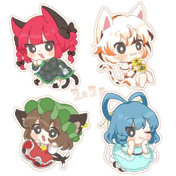 4girls :3 :d ;) animal_ear_fluff animal_ears blue_dress blue_eyes blue_hair blush_stickers braid bright_pupils brown_eyes brown_hair brown_shoes cat_ears cat_girl cat_tail chen chibi chibi_only closed_mouth collared_shirt commentary dated double-parted_bangs dress drill_hair frilled_dress frills full_body goutokuji_mike green_dress green_hat hair_between_eyes hair_ornament hair_rings hair_stick hani_(jotogumayumi) hat highres juliet_sleeves kaenbyou_rin kaku_seiga long_sleeves looking_at_viewer mob_cap multicolored_hair multiple_girls multiple_tails nyan_clan_of_gensokyo_(touhou) one_eye_closed open_mouth orange_hair outline puffy_sleeves red_eyes red_skirt red_vest see-through_clothes see-through_shawl shawl shirt shoes short_hair short_sleeves simple_background skirt skirt_set smile socks streaked_hair tail touhou twin_braids two_tails vest white_background white_hair white_outline white_pupils white_shirt white_socks