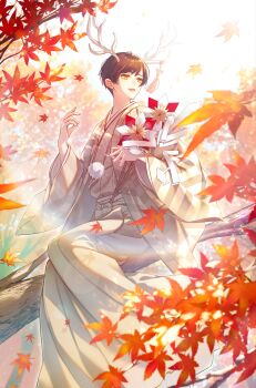 Rule 34 | 1boy, absurdres, antlers, autumn, axis powers hetalia, bow, branch, brown hair, commentary, day, deer antlers, fingernails, full body, hakama, hakama pants, hands up, haori, highres, horns, japan (hetalia), japanese clothes, kimono, leaf, long sleeves, looking afar, male focus, maple leaf, npyon, open mouth, orange eyes, orange ribbon, outdoors, pants, pom pom (clothes), rainbow, ribbon, short hair, sitting, sky, smile, solo, striped haori, symbol-only commentary, tassel, tree, white bow, white hakama, white haori, white kimono, white pants, white sky, wide sleeves