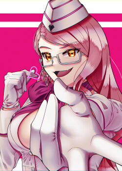 1girl absurdres breasts cleavage earrings fate/grand_order fate_(series) glasses gloves highres jewelry koyanskaya_(fate) koyanskaya_(foreigner)_(first_ascension)_(fate) large_breasts long_hair onmill open_mouth single_earring smile solo white_gloves yellow_eyes