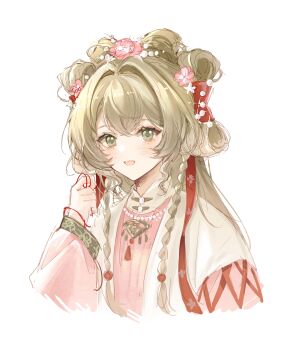 1girl :d absurdres blonde_hair braid chinese_clothes cropped_torso flower green_eyes hair_flower hair_ornament hand_up hanfu highres holding holding_string long_hair low_twin_braids mao_(1642598405) official_alternate_costume open_mouth pink_flower pink_hanfu reverse:1999 shuangyaji smile solo sotheby sotheby_(the_red_thread_of_fate) string twin_braids upper_body white_background