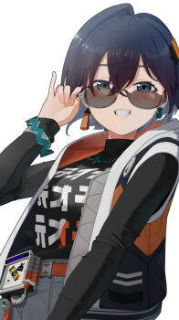 1girl belle_(zenless_zone_zero) bespectacled black_shirt blue_eyes blue_hair bracelet breasts clenched_teeth commentary earrings glasses grin highres jewelry long_sleeves looking_at_viewer medium_breasts shinarika396 shirt short_hair simple_background smile solo sunglasses teeth white_background zenless_zone_zero