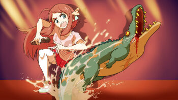 1girl ahoge bow brown_hair commentary crocodile crocodilian english_commentary full_body hair_bow holding holding_microphone interior_crocodile_alligator long_hair microphone minamoto_sakura open_mouth pink_shirt red_skirt shirt skirt solo splashing thighhighs triple-q water white_bow white_thighhighs zombie_land_saga