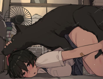 1boy 1girl animal arm_at_side bandaid bandaid_on_arm bestiality black_eyes black_fur black_hair blush book book_stack bookshelf bottomless box breast_pocket breast_press breasts brown_hair character_request clothed_female_nude_male clothes_lift dog electric_fan feet_out_of_frame from_side hair_between_eyes hand_on_another's_face hetero indoors jitome knotting large_breasts looking_at_viewer motion_lines nude on_floor open_mouth original parted_lips pepper0 petting pocket pussy_juice school_uniform scratches sex sex_from_behind shirt short_hair short_sleeves skirt skirt_lift tongue tongue_out top-down_bottom-up white_shirt window