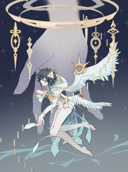 1boy absurdres aqua_hair black_hair braid bridal_legwear capelet cecilia_flower_(genshin_impact) chest_tattoo closed_eyes commentary_request crop_top disembodied_hand feathered_wings floating flower genshin_impact gradient_hair hair_between_eyes hair_flower hair_ornament highres hood hood_down hooded_capelet istaroth_(genshin_impact) leg_tattoo male_focus midriff multicolored_hair navel nrk_(user_epnw5554) official_alternate_costume open_mouth shirt short_hair_with_long_locks short_shorts shorts side_braids sidelocks skindentation sleeveless sleeveless_shirt solo tattoo twin_braids venti_(archon)_(genshin_impact) venti_(genshin_impact) white_capelet white_flower white_shirt white_shorts white_wings wings