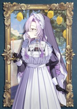 1girl absurdres black_gloves breasts candle drill_hair food fruit gloves highres holding holding_candle hyakumantenbara_salome hyakumantenbara_salome_(4th_costume) large_breasts lemon looking_to_the_side maid maid_headdress nijisanji nikuya_mugi painting_(object) purple_eyes purple_hair solo tree variant_set veil virtual_youtuber