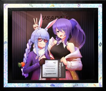 2girls animal_ears avengers:_endgame avengers_(series) black_gloves blue_hair braid bunny_ears_prank carrot_hair_ornament don-chan_(usada_pekora) food-themed_hair_ornament framed glasses gloves hair_ornament highres hololive hololive_fantasy hololive_indonesia jcstr long_hair marvel marvel moona_hoshinova moona_hoshinova_(indonesian_casual) multiple_girls parody pink-tinted_eyewear pink-tinted_glasses ponytail purple_hair rabbit_ears smile sunglasses tinted_eyewear upside-down usada_pekora v very_long_hair virtual_youtuber