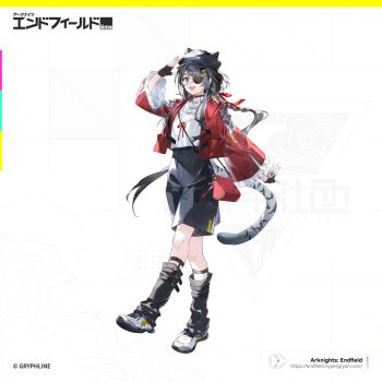Rule 34 | 1girl, alternate costume, animal ears, arknights, arknights: endfield, black hair, black hat, black shorts, blue eyes, coat, copyright logo, copyright notice, eyepatch, full body, hat, highres, logo, long hair, mokuroh, official art, one eye covered, open clothes, open coat, red coat, shorts, solo, standing, tail, tangtang (arknights), tiger ears, tiger girl, tiger tail