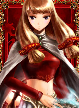 1girl activision aura blonde_hair blue_eyes border cape card female_focus fromsoftware highres holding holding_card katia_(rune) long_hair midriff rune_(game) solo tomatomatotto very_long_hair