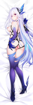 1girl anus armpits ass bandana bed_sheet black_bandana blush boots breasts dakimakura_(medium) dakimakura_(object) elbow_gloves feather_hair_ornament feathers full_body genshin_impact gloves hair_ornament hand_on_own_ass highres kirilenko_(cgd) long_hair looking_at_viewer lying medium_breasts multicolored_hair nipples nude on_bed on_side pillow purple_boots purple_gloves purple_hair skirk_(genshin_impact) solo strap streaked_hair teeth thigh_boots thighhighs thighs torn_clothes torn_thighhighs very_long_hair white_hair