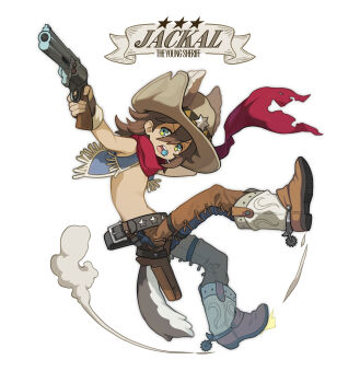 1boy absurdres belt boots brown_hair candy chaps character_name cowboy_western fingerless_gloves food fringe_trim full_body gloves gun hair_between_eyes hat highres holding holding_gun holding_weapon holster lollipop lollipop_in_mouth male_focus medium_hair open_clothes open_mouth open_vest original sach56000 solo vest weapon white_background