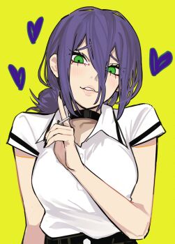 1girl absurdres black_choker black_nails black_skirt blush chainsaw_man choker commentary english_commentary green_eyes grenade_pin hair_bun highres looking_at_viewer medium_hair purple_hair reze_(chainsaw_man) sailen0 shirt skirt upper_body white_shirt yellow_background