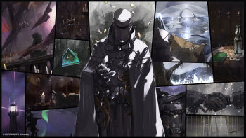 1boy 1girl arknights black_coat black_gloves black_pants book bottle candle cannot_goodenough chandelier coat coat_on_shoulders coin commentary_request copyright_notice facing_viewer gloves handshake highres holding holding_candle holding_map indoors lighthouse map mask miss_christine_(arknights) multiple_views neko_no_kedama official_art pants railing rain second-party_source snow