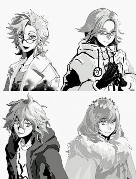 Rule 34 | 4boys, aotsuki eito, blood, blood on clothes, cape, chinese commentary, closed mouth, collarbone, commentary request, danganronpa (series), danganronpa 2: goodbye despair, drawstring, eyelashes, fate/grand order, fate (series), fur-trimmed cape, fur trim, glasses, gloves, greyscale, hair between eyes, highres, hood, hood down, hooded jacket, jacket, kanou aogu, komaeda nagito, lapels, male focus, marikmame, medium hair, monochrome, multiple boys, oberon (fate), oberon (second ascension) (fate), open clothes, open jacket, open mouth, saibou shinkyoku, shirt, short hair, simple background, smile, steepled fingers, the hundred line -last defense academy-, tsurime, white background