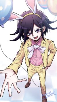 Rule 34 | 1boy, :d, absurdres, animal ears, balloon, black hair, bow, bowtie, brown shoes, collared shirt, commentary request, danganronpa (series), danganronpa v3: killing harmony, fake animal ears, flipped hair, highres, jacket, kujira pyon ka, long sleeves, male focus, oma kokichi, open mouth, pants, pink shirt, rabbit ears, shirt, shoes, simple background, smile, solo, teeth, tongue, white background, white bow, white bowtie, yellow jacket, yellow pants