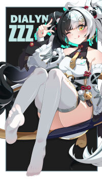 1girl absurdres ahoge aqua_nails bare_shoulders black_background black_hair blush border braid braided_twintails breasts chakram character_name china_dress chinese_clothes collarbone copyright_name detached_sleeves dialyn_(zenless_zone_zero) dress earrings feibai hair_intakes hair_ornament hairclip hand_up highres id_card jewelry long_hair looking_at_viewer multicolored_hair multicolored_nails necktie no_shoes one_eye_closed panda_hair_ornament red_nails sitting sitting_on_weapon smile soles solo sparkling_eyes split-color_hair thighhighs toes tongue tongue_out weapon white_border white_hair white_thighhighs yellow_eyes yellow_necktie zenless_zone_zero