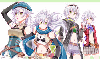 Rule 34 | 4girls, artist name, back bow, beret, black gloves, blue bow, blue bowtie, blue hat, bob cut, border, bow, bowtie, breasts, closed mouth, crop top, cropped jacket, curtained hair, detached sleeves, eiyuu densetsu, elbow gloves, fie claussell, fingerless gloves, floating hair, floating scarf, gloves, goggles, goggles on head, green border, green eyes, hair between eyes, hand on own hip, hat, highres, jacket, long hair, long sleeves, looking at viewer, medium breasts, midriff, multiple girls, navel, parted bangs, plaid clothes, plaid skirt, scarf, school uniform, sen no kiseki, sen no kiseki (series), sen no kiseki i, sen no kiseki ii, sen no kiseki iii, sen no kiseki iv, short hair, short sleeves, shorts, simple background, skirt, small breasts, smile, stomach, thors military academy class vii uniform, traditional bowtie, two-tone background, upper body, white background, white hair, xiacheng tatsuya