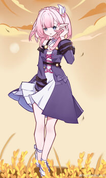 1girl absurdres baiwankun_sile blue_eyes braid chinese_commentary closed_mouth cloud cloudy_sky commentary_request cyrene_(honkai:_star_rail) dress elf full_body hair_ornament highres honkai:_star_rail honkai_(series) long_hair long_sleeves looking_at_viewer outdoors pink_hair pointy_ears sky smile solo standing sunset watermark weibo_watermark wheat white_dress yellow_pupils