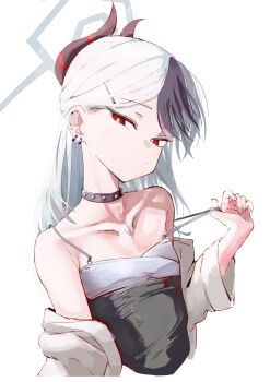 1girl black_dress black_hair blue_archive breasts bright_pupils choker clothes_pull collarbone demon_horns dress dress_pull earrings hair_ornament hairclip halo horns jewelry kayoko_(blue_archive) kayoko_(dress)_(blue_archive) kayokolove3_17 long_hair multicolored_hair multiple_earrings off-shoulder_dress off-shoulder_shirt off_shoulder open_clothes open_shirt pendant_choker red_eyes shirt small_breasts solo strap_pull studded_choker two-tone_hair upper_body white_background white_hair white_pupils