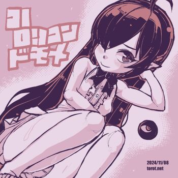 1girl ;) ahoge alternate_hairstyle arm_behind_head arm_under_breasts backbeako_(torotei) backbeard bare_legs blush bow bowtie breasts commentary dated dated_commentary dress dutch_angle feet_out_of_frame gegege_no_kitarou hair_down hair_over_one_eye kono_lolicon_domome loli long_hair looking_at_viewer monochrome one_eye_closed original paid_reward_available panties pantyshot pink_background pointy_ears simple_background sleeveless sleeveless_dress small_breasts smile solo squatting sweat torotei translated twintails underwear watermark web_address