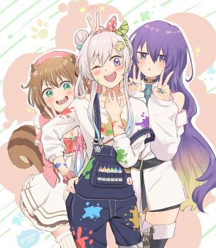 3girls absurdres airani_iofifteen airani_iofifteen_(1st_costume) animal_ears ayunda_risu ayunda_risu_(1st_costume) beret blue_nails boots brown_hair denim double_v green_eyes hat highres hololive hololive_indonesia kyoraku_(weng3133) moona_hoshinova moona_hoshinova_(1st_costume) multiple_girls one_eye_closed overalls paint_on_clothes pink_hair purple_eyes purple_hair side_ponytail squirrel_ears squirrel_tail tail thigh_boots thighhighs v virtual_youtuber