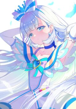 Rule 34 | 1girl, absurdres, aqua bow, aqua bowtie, arms up, backlighting, blue choker, blue crown, blue feathers, blunt bangs, bow, bowtie, brooch, choker, closed mouth, commentary, crown, crown earrings, cure nyammy, dress, earrings, elbow gloves, feathers, frown, gloves, hair bow, half-closed eyes, hands in own hair, head tilt, heart, heart brooch, highres, jewelry, long hair, looking at viewer, magical girl, nekoyashiki yuki, off-shoulder dress, off shoulder, pact holder, pink bow, pointed crown, precure, rice rabbit22, solo, standing, straight hair, tilted headwear, untranslatable commentary, very long hair, white bow, white dress, white gloves, white hair, wonderful precure!