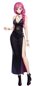 1girl absurdres black_boots black_choker boots bracelet breasts butterfly_tattoo chest_tattoo choker cleavage dress earrings full_body han_semi heart heart_earrings high_heel_boots high_heels highres jewelry large_breasts long_hair looking_at_viewer official_alternate_costume official_art pink_eyes side_slit simple_background sleeveless sleeveless_dress solo solo_leveling solo_leveling:_arise tattoo transparent_background