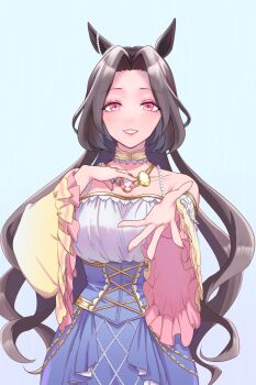 1girl animal_ears blue_corset blue_skirt breasts brown_hair corset gem hair_intakes hand_on_own_chest hands_up highres horse_ears horse_girl jewelry long_hair looking_at_viewer medium_breasts necklace off-shoulder_shirt off_shoulder oryt parted_bangs parted_lips pink_eyes reaching reaching_towards_viewer saint_lite_(umamusume) shirt simple_background skirt smile solo umamusume very_long_hair white_background white_gemstone white_shirt yellow_gemstone