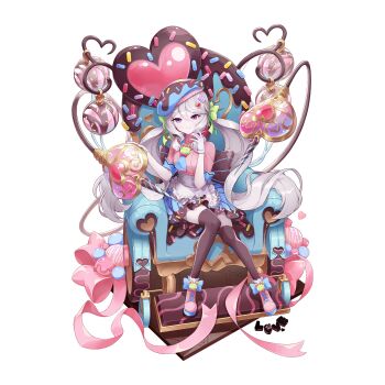 1girl apron beret black_thighhighs blue_skirt boots bow brown_bow candy chair chocolate cream dress eversoul food frilled_apron frills game_cg gloves green_bow hair_between_eyes hair_bow hair_ornament hairclip hat heart highres icing large_syringe liquid long_hair looking_at_viewer no_heterochromia non-web_source official_alternate_costume official_alternate_hairstyle official_art on_chair oversized_object pale_skin pink_boots pink_ribbon pink_shirt purple_eyes rebecca_(eversoul) ribbon shirt short_sleeves sidelocks sitting skirt smile solo syringe tachi-e thighhighs transparent_background twintails valentine waist_apron waist_bow wheelchair white_apron white_gloves white_hair