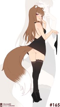 1girl absurdres animal_ears ass ass_peek bare_back black_dress black_shoes black_thighhighs brown_hair closed_mouth commentary dress english_commentary fang from_behind full_body highres holding holding_panties holding_underwear holding_unworn_clothes holo likunea long_hair looking_at_viewer no_panties panties patreon_logo patreon_username red_eyes shoes simple_background smile solo spice_and_wolf standing tail thighhighs twitter_username twitter_x_logo underwear unworn_panties white_background wolf_ears wolf_girl wolf_tail zoom_layer