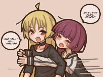 2girls ahoge annoyed black_choker black_shirt blonde_hair blush bocchi_the_rock! braid braided_ponytail brown_background choker closed_mouth collarbone crying english_text fang highres hiroi_kikuri hug hug_from_behind ijichi_seika leaning_forward long_hair looking_to_the_side motion_lines multiple_girls open_mouth orange_eyes red_hair red_straps shimejimee shirt simple_background speech_bubble upper_body