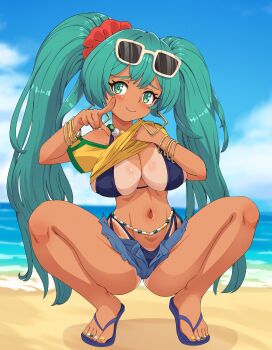 Rule 34 | 1girl, alternate breast size (larger), aqua eyes, aqua hair, beach, bikini, bikini tan, bikini under clothes, black bikini, blue sandals, blue shorts, blue sky, bracelet, brazilian miku, breasts, closed mouth, clothes lift, commentary, day, earrings, english commentary, eyewear on head, flip-flops, full body, hatsune miku, highres, hoop earrings, jewelry, large breasts, lifting own clothes, long hair, micro shorts, multiple bracelets, navel, outdoors, sandals, shirt, shirt lift, shorts, sky, smile, solo, squatting, sunglasses, swimsuit, tan, tanline, twintails, vocaloid, white-framed eyewear, yellow shirt, zuchysdraws