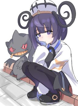 1girl banette black_dress black_pantyhose black_shoes blue_gloves blush bob_cut closed_mouth coat dress gen_3_pokemon gloves gwynn_(pokemon) hand_on_own_face hat highres long_sleeves looking_at_viewer mega_stone nintendo open_clothes open_coat pantyhose pokemon pokemon_(creature) pokemon_legends:_z-a purple_eyes purple_hair riannn_desu shoes short_hair sitting smile white_background white_coat