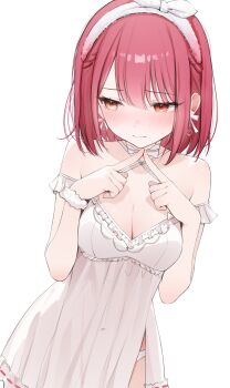 1girl absurdres bare_shoulders blush braid breasts choker cleavage closed_mouth collarbone commentary earrings hair_scarf heart heart_earrings heterochromia highres hololive houshou_marine houshou_marine_(roomwear) index_fingers_together jewelry large_breasts looking_to_the_side medium_hair nightgown panties red_eyes red_hair ribbon ribbon_earrings scarf scrunchie side_slit simple_background solo thighs underwear virtual_youtuber white_background white_choker white_nightgown white_panties white_ribbon white_scarf white_scrunchie wrist_scrunchie yellow_eyes yumiewuri